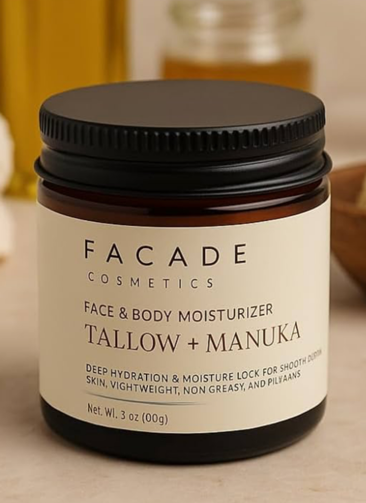 Facade Tallow + Manuka moisturizer in an amber glass jar on a stone pedestal