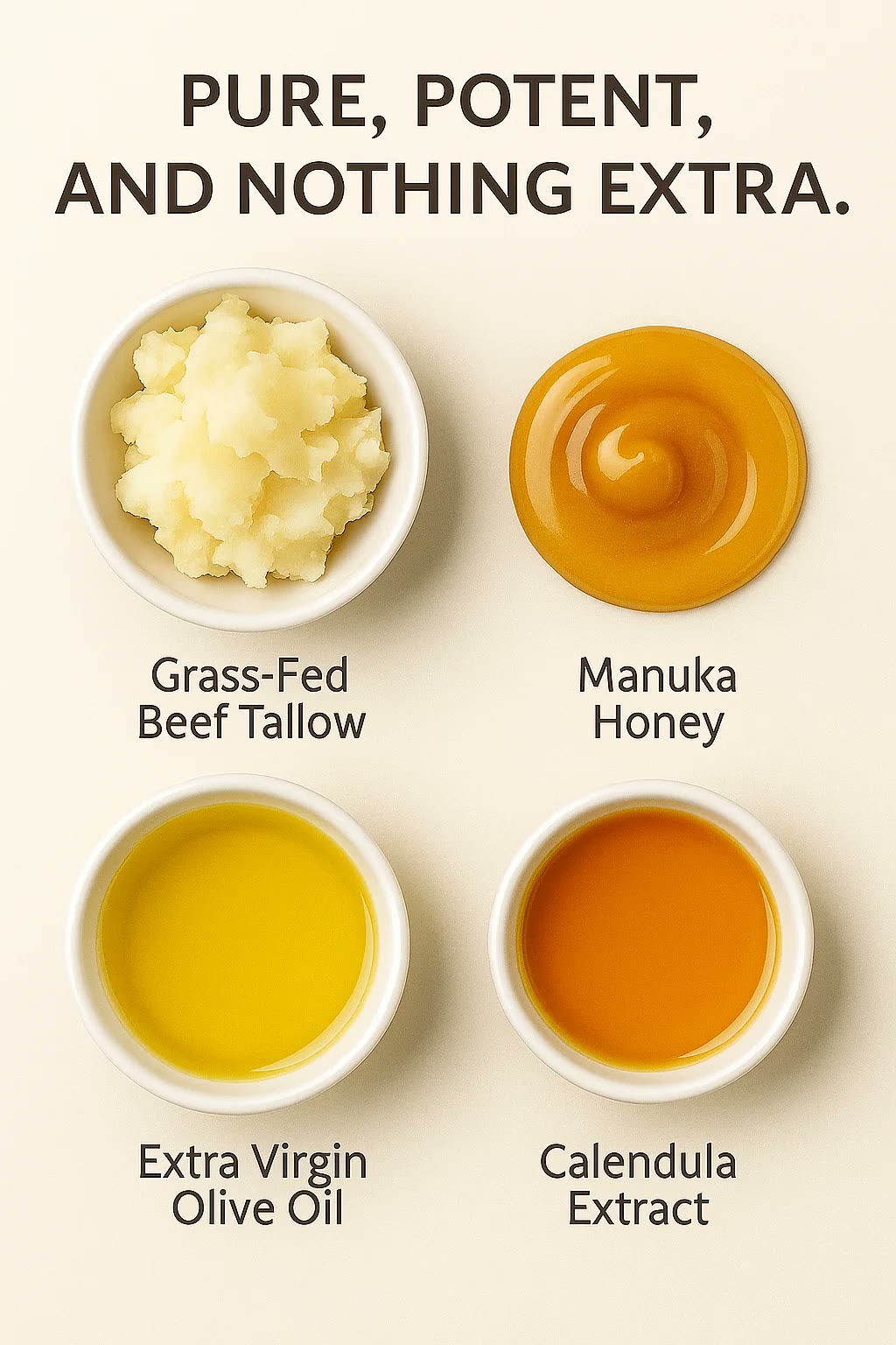 Bowls of grass-fed tallow, manuka honey, olive oil and calendula oil on linen